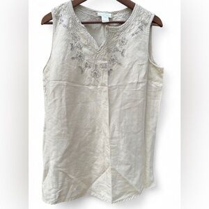 Carroll Reed Womens Cream Embellished Sleeveless Linen Boho Blouse Medium